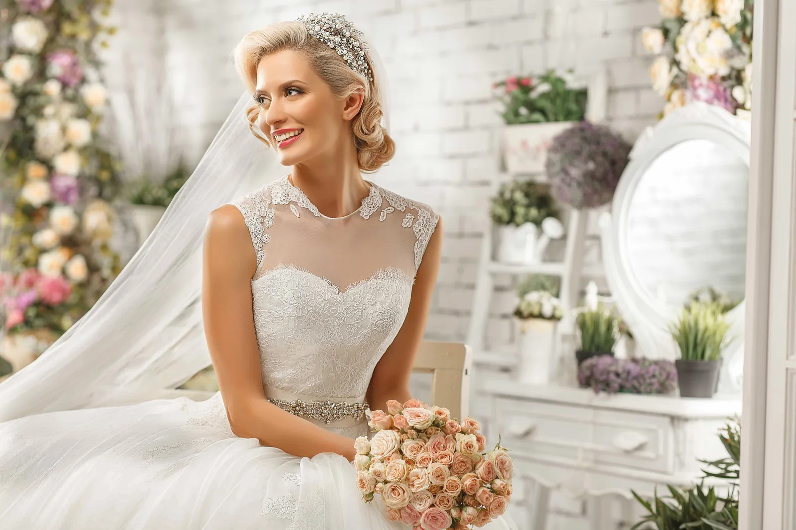 Bride in her perfectly fitted wedding gown